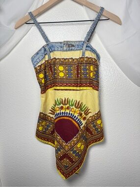 Upcycled Denim and Batik Print Spaghetti Strap Asymmetrical Cami Top